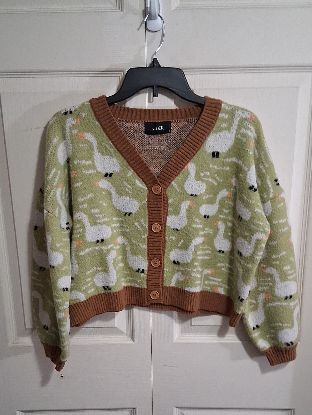 Cider Light Green Swan-Print V-Neck Cropped Cardigan with Brown Ribbed Trim - S